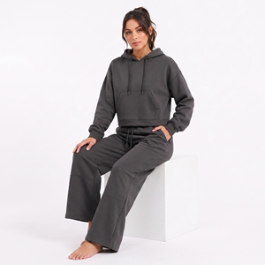 Ensemble molletonné gris à capuche pour femme, coupe décontractée, 2 pièces, sweat-shirt à manches longues et pantalon de jogging, couleur unie, pour l'hiver, usage quotidien, 100% coton - Product Image 4