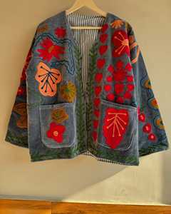 Wholesale Cotton Boho Velvet Embroidered Jacket Floral Print Long Sleeve Loose Fit Hand Embroidery Pockets V-Neck <b>All</b> Seasons - Product Image 1