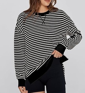 Pull en tricot à col rond rayé pour femme, manches longues, décontracté, pour le printemps, 100% coton, respirant, coupe classique - Product Image 5