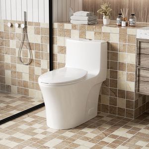 WC monoblocco 1.1/1.60 GPF con doppio scarico, tappo serbatoio con pulsante, scarico a pavimento (S-Trap), a risparmio idrico, allungato, altezza comfort, chiusura ammortizzata C - Product Image 1