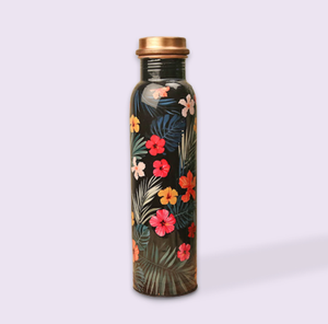 Bouteille d'eau en cuivre pur à imprimé tropical faite à la main, anti-fuite, avec bouchon à vis, récipient de boisson pour la santé ayurvédique - Product Image 1