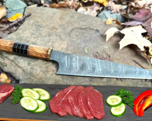 Couteau de chef en acier Damas forgé à la main, style japonais, manche en bois, étui en cuir, ambidextre, extra tranchant, couteaux de cuisine - Product Image 2