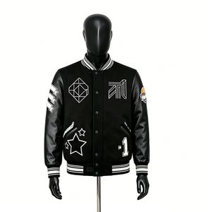 Blouson Bomber Oversize Homme Personnalisé en Mélange de Laine avec Broderies, Bordures Côtelées Rayées et Manches en Similicuir – Style Streetwear - Product Image 1