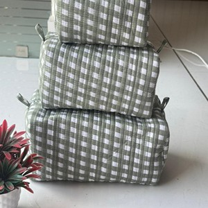 กระเป๋าใส่เครื่องสำอางผ้าฝ้ายลายตารางสีเขียว ชุดกระเป๋าใส่เครื่องสำอางแบบพับได้ กระเป๋าเก็บของขนาดใหญ่ ลายเรขาคณิตเรียบง่าย - Product Image 5