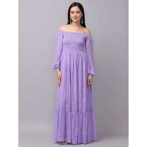 Vestido Maxi Lavanda para Mujer con Hombros Descubiertos, Manga Larga, Cintura Fruncida y Estampado de Puntos, Vestido Casual para Fiesta - Product Image 1