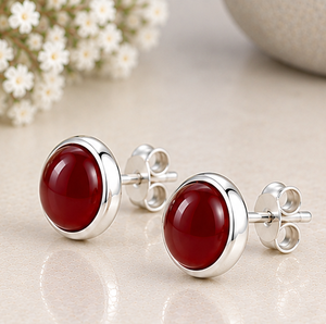 Red <b>Onyx</b> Silver Stud <b>Earrings</b>, Red <b>Onyx</b> Gemstone <b>Earrings</b>, 925 Sterling Silver Round Studs, Deep Red Stone <b>Earrings</b>, Minimalist - Product Image 1