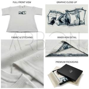 บริการ OEM ODM ที่ดีที่สุด ผู้จัดจำหน่ายที่เชื่อถือได้ เสื้อยืดสตรีทแวร์ทรงหลวมพิมพ์ลายธนบัตรดอลลาร์แบบสั่งทำ แขนสั้น รุ่นใหม่ล่าสุด - Product Image 5