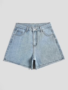 Short de sport décontracté pour femme en jean élastique taille haute avec cordon de serrage, coupe droite, délavé, idéal pour l'été - Product Image 1
