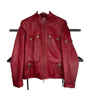 Custom Women's Burgundy Real Leather Biker <b>Jacket</b> - Luxury Multi-Pocket Sheepskin Moto <b>Jacket</b> with Gold Hardware - Product Image 1