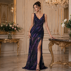 Luxury Purple Navy <b>Sequin</b> Mermaid Evening Gown for Women V Neck Sleeveless High Slit Formal Wedding Reception Prom Maxi Dress - Product Image 4