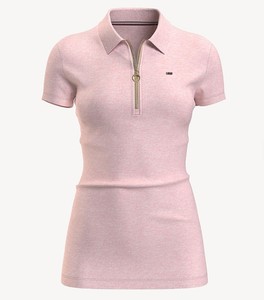 Women's Pink <b>Zip</b> Front <b>Polo</b> Shirt Short Sleeve Solid Color Casual Fit with Embroidered Logo Front - Product Image 5
