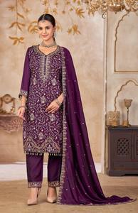 Traje Salwar Kameez Moderno de Seda Vichitra, Listo para Usar, con Bordado y Encaje, para Fiestas, Bodas y Diwali - Product Image 4