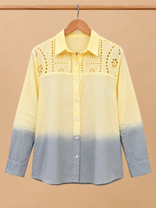 Camisa de Algodón con Degradado Amarillo para Mujer, Diseño con Aberturas, Manga Larga, Cuello Camisero, Blusa Casual con Botones, Primavera Verano - Product Image 1