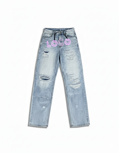 Wholesale Custom Men's Retro Washed Distressed Denim Jeans Streetwear <b>Pants</b> with custom Printed Logo - Product Image 6