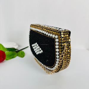 Handmade Indian Luxury Evening Bridal Clutch <b>Gold</b>-Plated White Pearl Beaded Metal Removable Chain Modern Polished Sculpture - Product Image 1