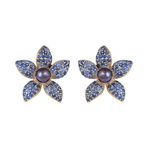 New 925 Sterling Silver Flower Shape Tahitian Pearl Stud <b>Earrings</b> 18K Gold Plated Blue Sapphire Gemstone Micro Pave <b>Fine</b> Jewelry - Product Image 1