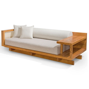 Sofá Moderno de Madera de Teca para Sala de Estar con Mesa Lateral Integrada y Estante de Almacenamiento Funcional - Product Image 1