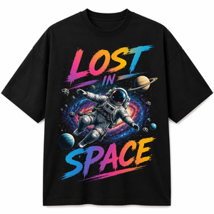 T-shirt noir à manches courtes et col rond pour homme, imprimé astronaute Lost In Space, coupe régulière, décontracté, jersey 100% coton, respirant - Product Image 2