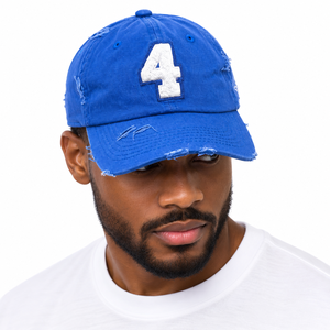 Casquette de baseball vintage bleue numéro 4 avec finition vieillie, patch brodé sur le devant, visière incurvée réglable, couvre-chef décontracté pour homme - Product Image 1