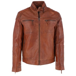 Genuine leather moto <b>jacket</b> Brown <b>biker</b> <b>jacket</b> men Stand collar zipper <b>jacket</b> Regular fit autumn <b>jacket</b> - Product Image 1