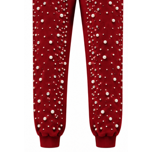 <b>Red</b> Pearl Beaded Jogger Pants <b>Women</b> Fashion Embellished Drawstring Sweatpants Luxury Casual Streetwear Fleece <b>Trousers</b> - Product Image 5