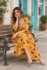 Floral Print V-Neck Midi <b>Dress</b> Three Quarter Sleeve Boho Style A-Line <b>Loose</b> Fit <b>Summer</b> Casual <b>Dress</b> - Product Image 5