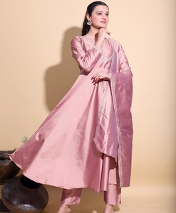 Peach silk Anarkali <b>Kurta</b> Trousers Set Mirror Work Embroidered Indian Pakistani Outfit with Dupatta for <b>Women</b> - Product Image 1