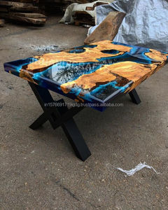 Modern Live Edge <b>Resin</b> Dining <b>Table</b> with Blue <b>Epoxy</b> Top Handmade Rectangle Farmhouse 6 Seater Home Furniture - Product Image 2