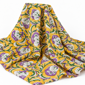 Tela de Voile de Algodón Peinado 60S60S Ligera con Estampado Floral Hecho a Mano Pinksa, Multiusos, Amarillo Rajasthan y Azul - Product Image 6