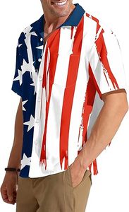 Camisa hawaiana roja, blanca y azul para hombre, camiseta informal patriótica tropical para vacaciones en la playa de verano - Product Image 2