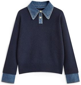 Pull en tricot pour femme à col en jean, manches longues, décontracté, avec poignets contrastants, coupe ample, collection automne-hiver - Product Image 1