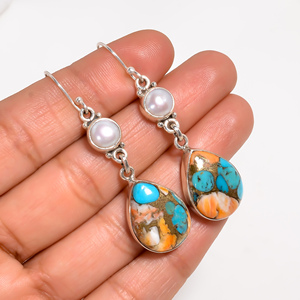 Pendientes Colgantes de Perlas y Turquesa Ostra de Alta Calidad, Plata de Ley 925, Hechos a Mano, con Piedras Preciosas, Joyería para Mujer, Regalo para Mamá - Product Image 3