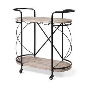 Chariot de bar ovale à 2 niveaux Skies Trader en bois avec cadre métallique incurvé, porte-verres à vin, chariot de service roulant pour cuisine, chariot mobile - Product Image 1