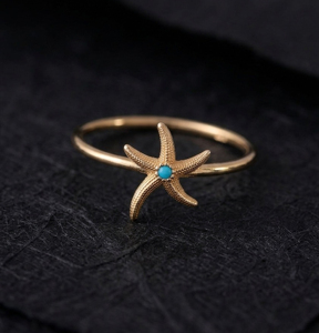 925 Sterling Silver Gold Plated Starfish Design <b>Ring</b> With Turquoise Stone Minimalist Style Unisex Everyday Wear Gemstone <b>Ring</b> - Product Image 1