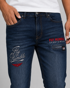 Fly Humble Men's Regular Fit Denim <b>Jeans</b> Dark Wash <b>Embroidered</b> Logo Patch Formal Style Spring Cotton Straight Leg Breathable - Product Image 5
