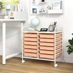 Carrello portaoggetti a 2 file, 10 ripiani e 12 cassetti, con cassetti multicolor e 4 ruote (2 con freno), telaio bianco e colore pesca - Product Image 2