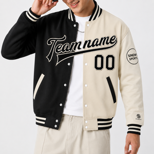 Chaqueta Varsity SINEWY SPORTS para Hombre, Negra y Crema, Dos Tonos, Nombre y Número Personalizados, Estilo Preppy, Cierre de Botones, para Otoño - Product Image 5