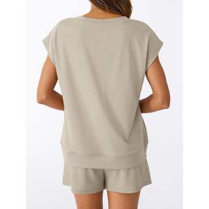 2025 femmes été Style quotidien 2 pièces col en v casquette manches chemise et short Midi imprimé quotidien tissé pour salon ensemble - Product Image 1
