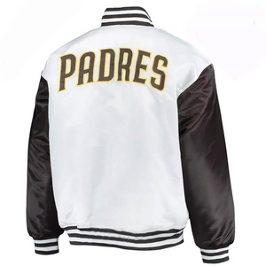Custom <b>White</b> Satin Varsity <b>Jacket</b> <b>Men</b> Brown Contrast Sleeve Bomber <b>Jacket</b> Wholesale Letterman Baseball Uniform - Product Image 2