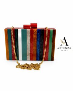 Pochette en résine personnalisée peinte à la main, écologique, multicolore rayée, sac de soirée avec chaîne, cadeau de mariage - Product Image 1