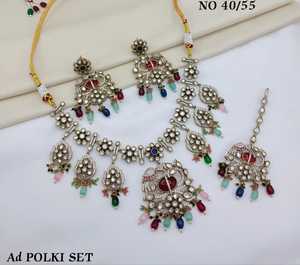 AD Polki Necklace Set With Dangle Earrings And Mangtika <b>Floral</b> AD Necklace Set For Wedding Festive Wear <b>Jewellery</b> Set Wholesaler - Product Image 1