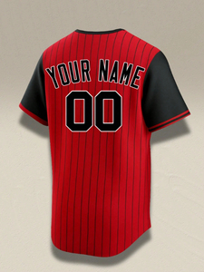 Maillot de baseball personnalisé en polyester, rouge et noir à rayures fines, chemise d'équipe boutonnée, nom et numéro, uniforme sportif - Product Image 4