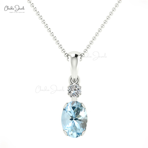 Pendentif en aquamarine naturelle 7x5mm et diamant avec collier en or massif 14 carats, vente en gros, bijoux de mariage - Product Image 2