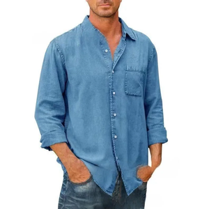 Chemises pour hommes en coton denim à manches longues décontractées couleur unie chemise à revers pour hommes printemps automne mode vintage jeans chemise hauts S-5XL - Product Image 3