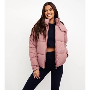 <b>Pink</b> Puffer Jacket Stand Collar Zipper Closure Casual Winter Windproof Thick Polyester Wadding Short Length Regular Fit - Product Image 1