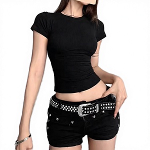 Women's Black Ribbed Cropped T-Shirt Short Sleeve O-Neck Slim Fit Y2K Style Knitted <b>Top</b> with <b>Rhinestone</b> Shorts Set - Product Image 5