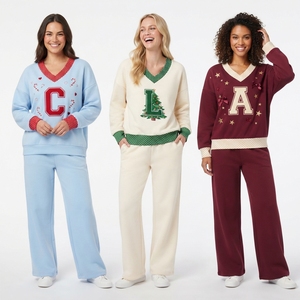 Conjunto de Pantalones y Sudadera de Felpa con Cuello en V para Mujer, con Letra Bordada, Lazo y Corazón, Conjunto de 2 Piezas para Descansar - Product Image 5