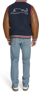 <b>Men's</b> Navy Varsity <b>Jacket</b> With <b>Leather</b> Sleeves Embroidered C Logo Zipper Closure Preppy Style Autumn Wear - Product Image 6