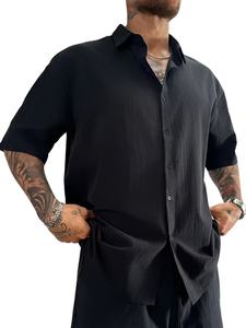 Camisa Oxford para Hombre, Transpirable, de Manga Corta, Cuello Mao, Corte Holgado, Color Sólido, Estilo Vintage, Casual de Negocios - Product Image 5