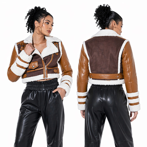 Women Aviator Shearling Leather <b>Jacket</b> Cropped Faux Fur Lined Biker <b>Jacket</b> Winter Warm PU Leather Coat Ladies Streetwear Outerwe - Product Image 1